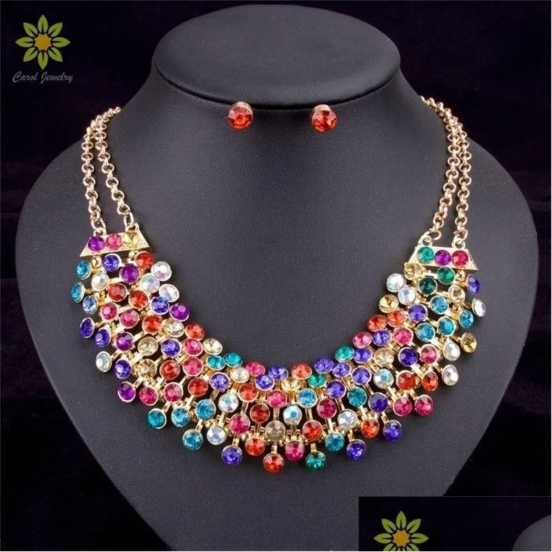 wedding jewelry sets fashion crystal bridal prom party accessories gold color necklace earring for bride 221109