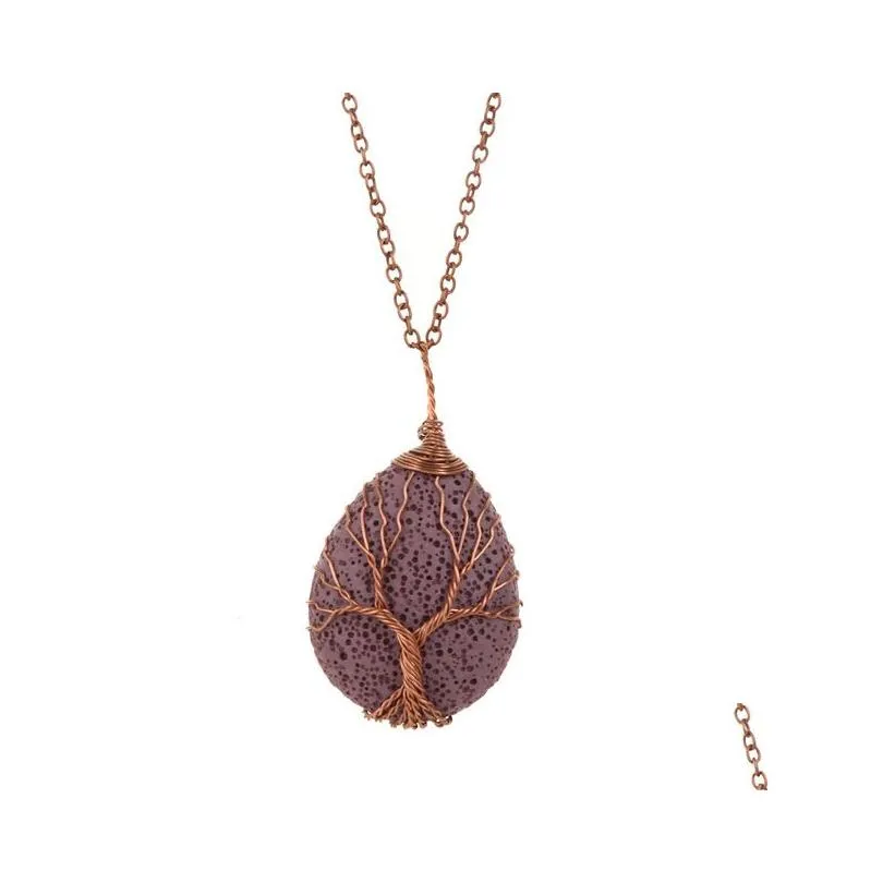 tree of life pattern colorful waterdrop lava stone  oil diffuser necklace aromatherapy rock stone necklace jewelry