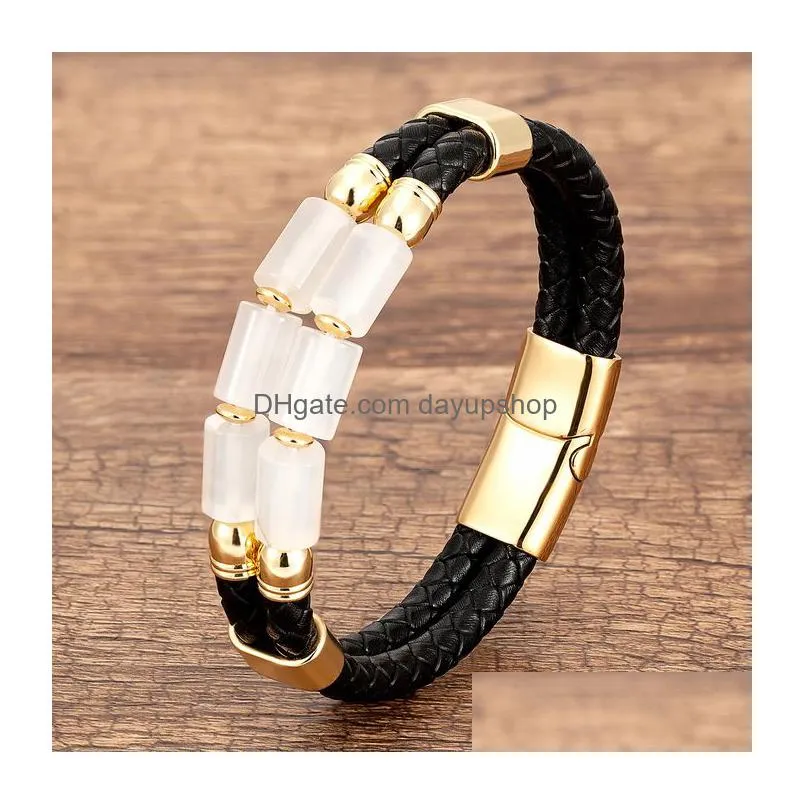 charm bracelets luxury double row stone bangles women natural beaded bracelet stainless steel clasp multilayer leather mens jewelry