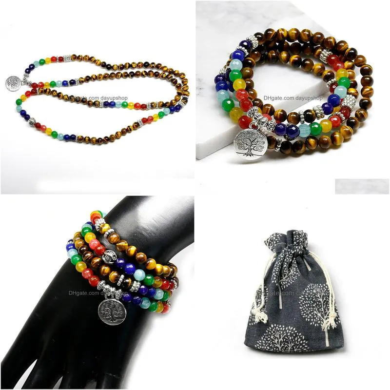 charm bracelets natural 7 chakra tiger eye mala 108 buddha healing yoga bracelet for women and man jewelry dropship 230215