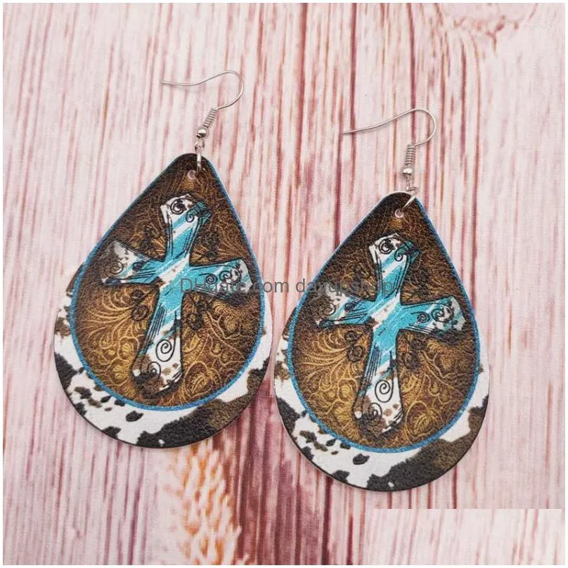 dangle earrings & chandelier western sunflower cowhide turquoise cross print pu leather teardrop for women vintage large jewelry