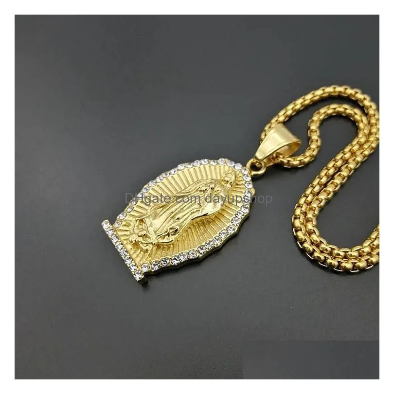 pendant necklaces stainless steel virgin mary necklace for men hip hop rapper jewelry with 60cm gold color link chain