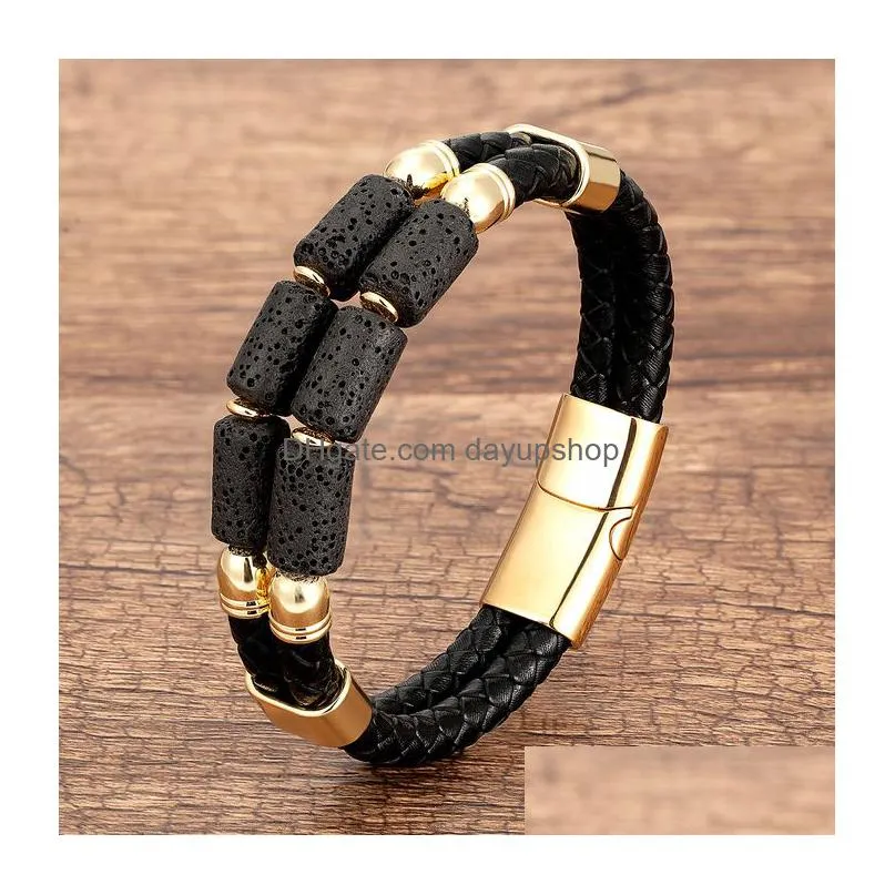 charm bracelets luxury double row stone bangles women natural beaded bracelet stainless steel clasp multilayer leather mens jewelry