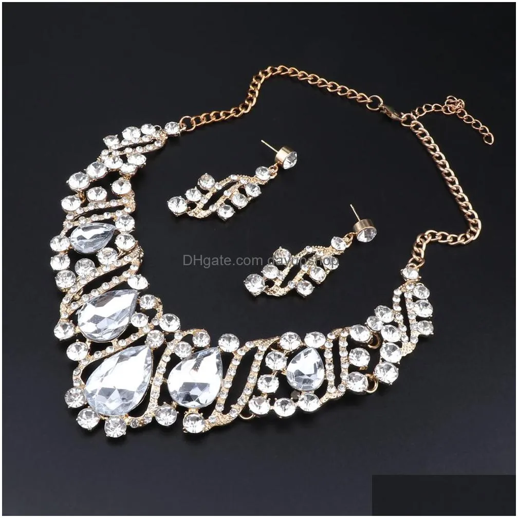 wedding jewelry sets crystal pendant statement necklace earrings gold color chian bridal party choker jewellery gifts for women 221109