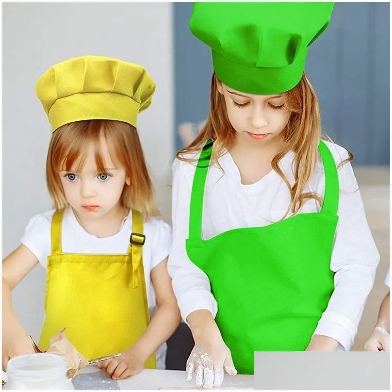 8piece childrens apron and 8piece chef hat set childrens apron with 2 pockets adjustable kitchen cooking1