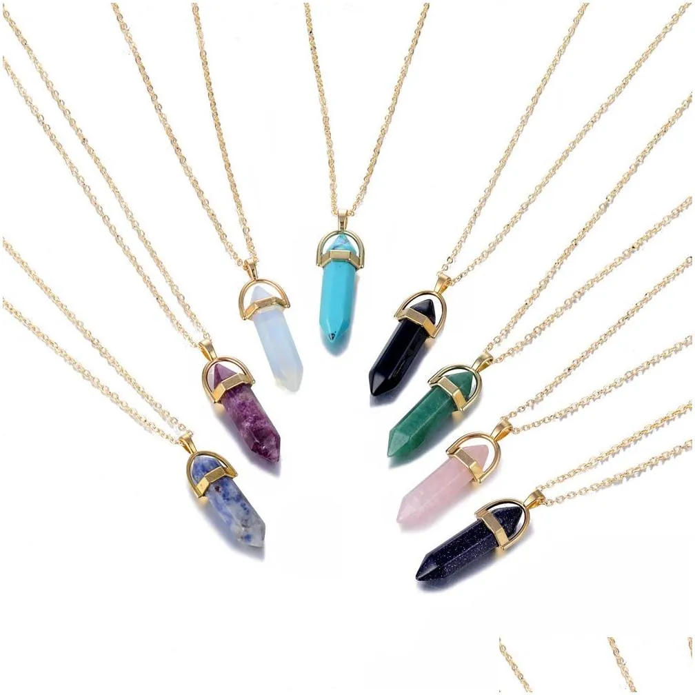 pendant necklaces fashion hexagonal column quartz pendants gold chain natural stone crystal necklace for women jewelry1