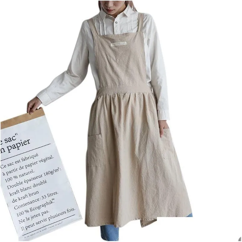 nordic pleated skirt apron cotton linen bib with pocket flower coffee shop cooking baking crafting gardening serving