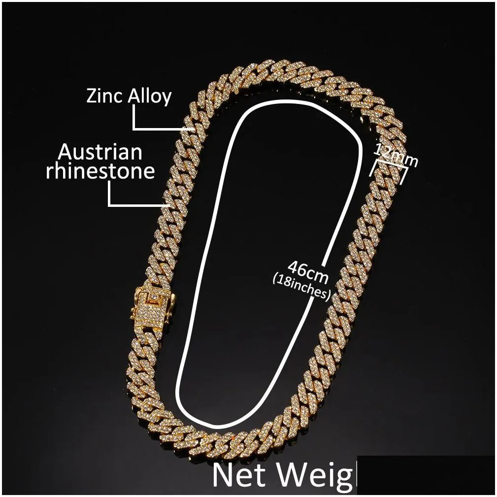 12mm  cuban link chain necklace bracelets set for mens bling hip hop iced out diamond gold silver rapper chains women luxury