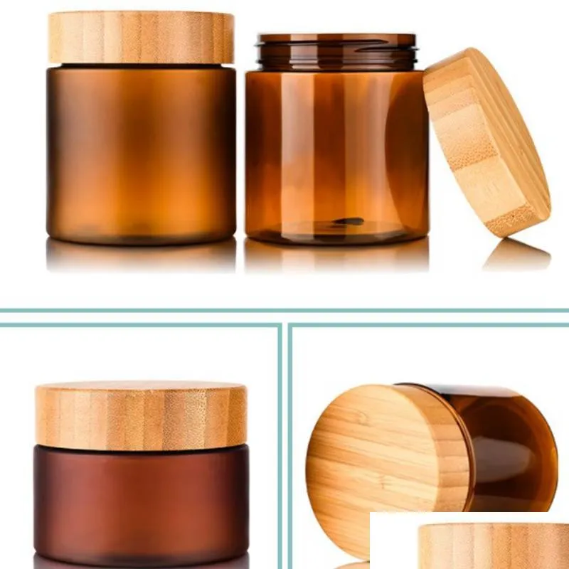 150ml/250ml cream jar container packaging bottles amber pet cosmetic 8oz plastic jar with screw cap bamboo wooden lid