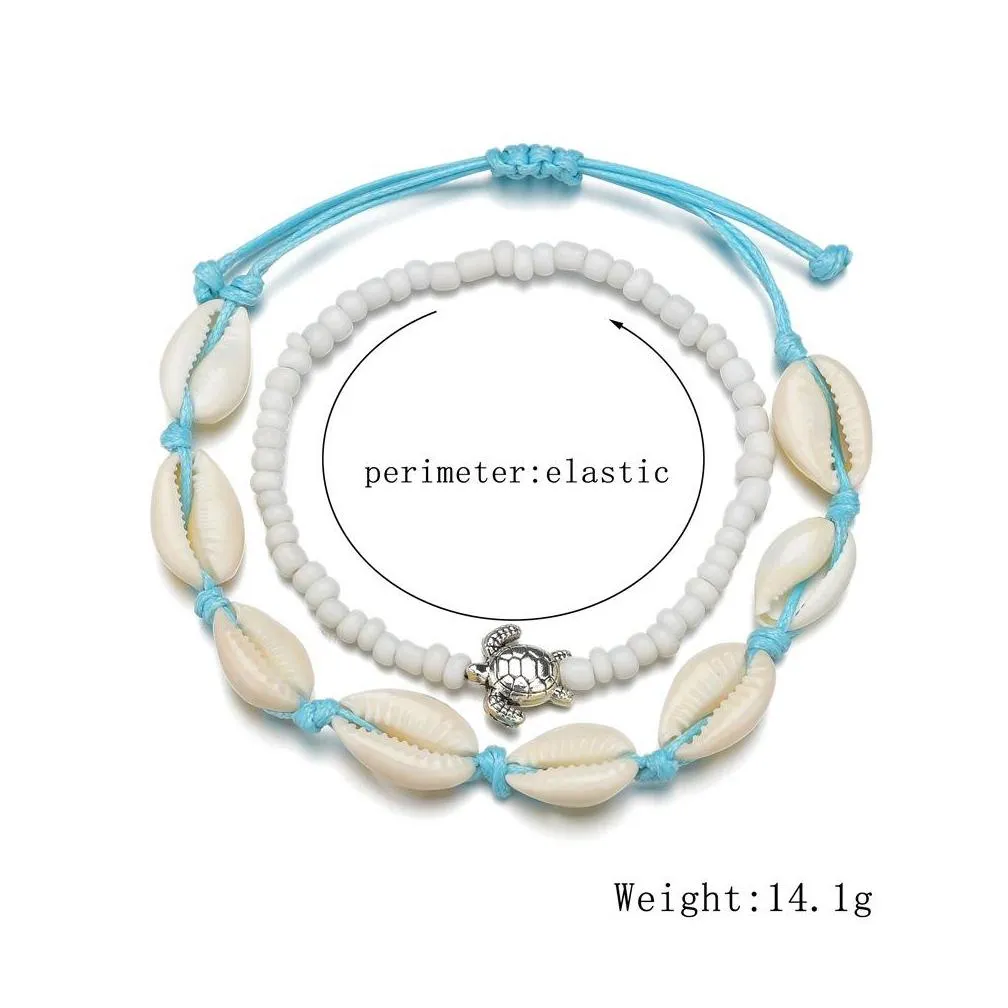 vintage turtle shell ankle bracelets on leg for women tortoise seashell charm beads blue string chains anklet bohemian beach jewelry