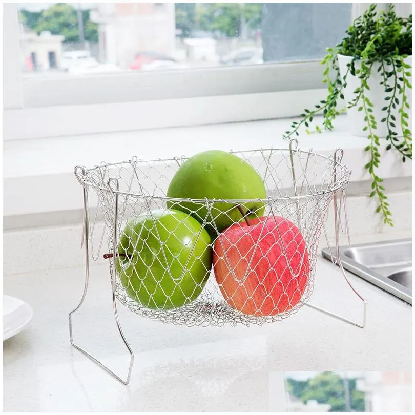 multifunction 201 foldable steam rinse strain fried basket strainer net kitchen tools cooking dry fruit basket