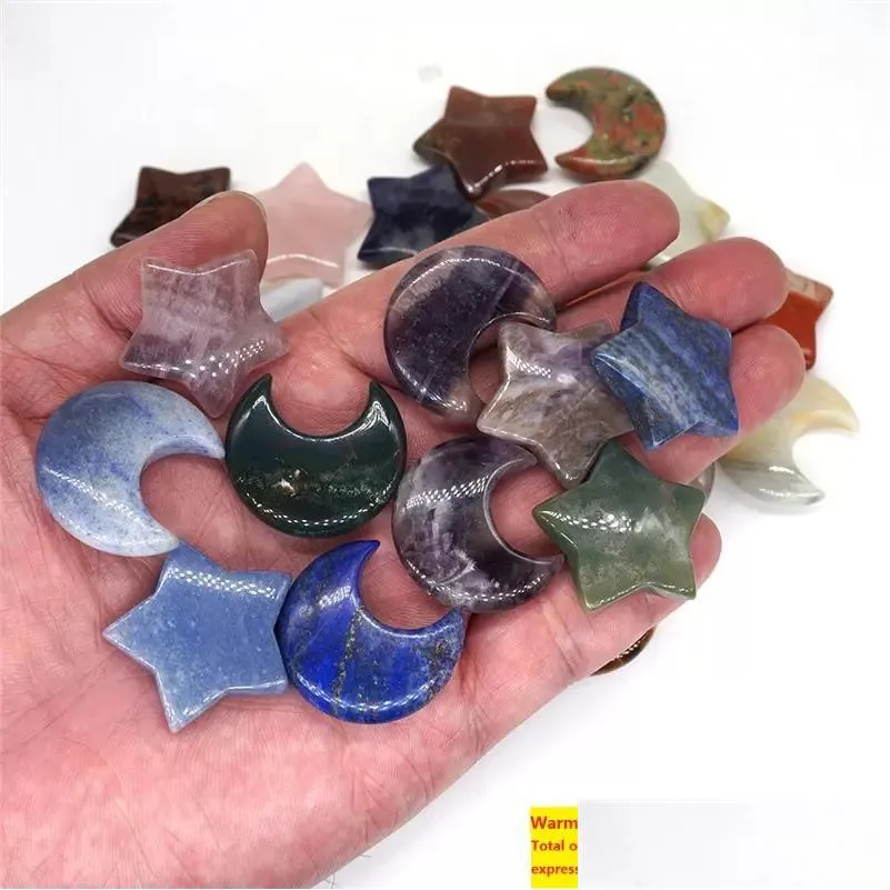 wholesale moon and star shaped statues natural crystal stone colorfull mascot meditation healing reiki gemstone gift room decor