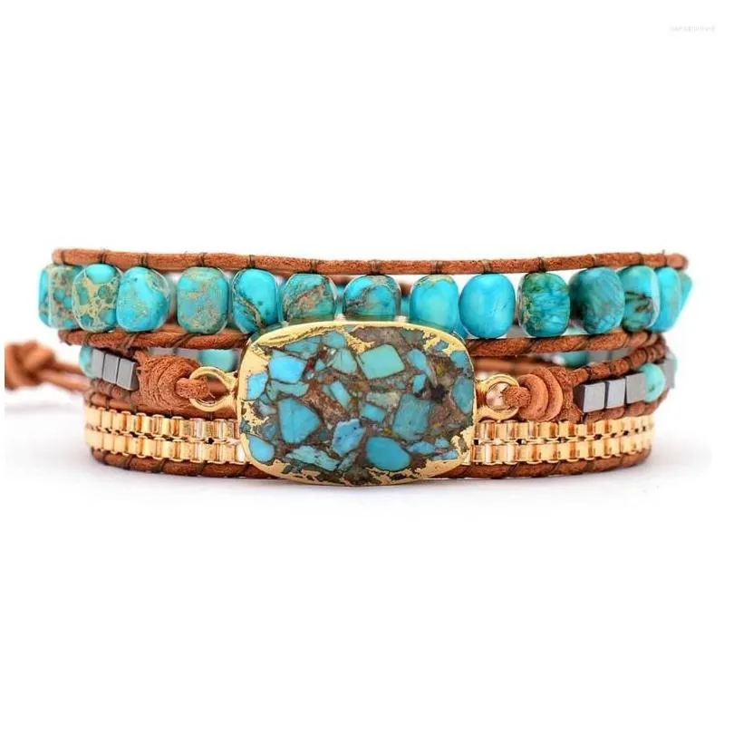 charm bracelets zg bracelet for women bohemian windcut corner turquoise ornaments threelayer winding handwoven leather string