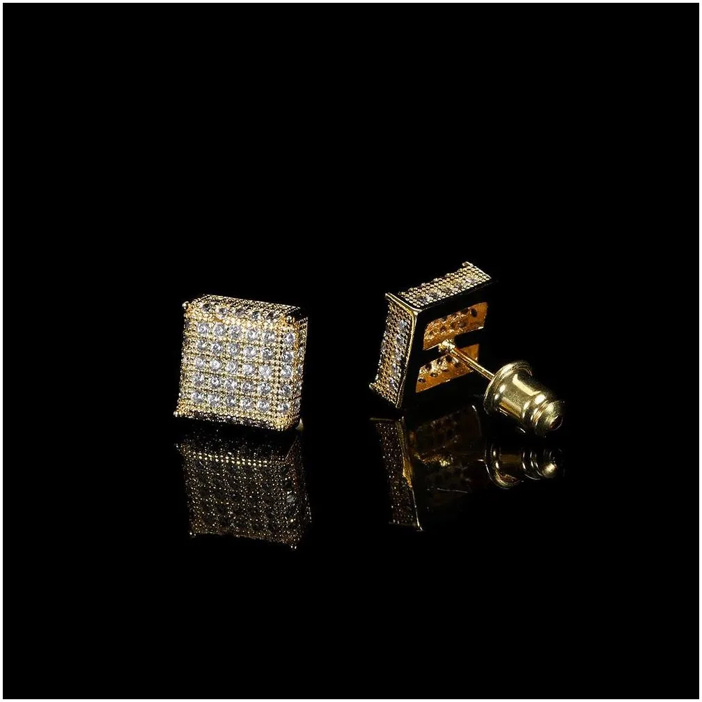 hip hop square stud earring bling 18k real gold plated prevent allergy earrings for men women gift
