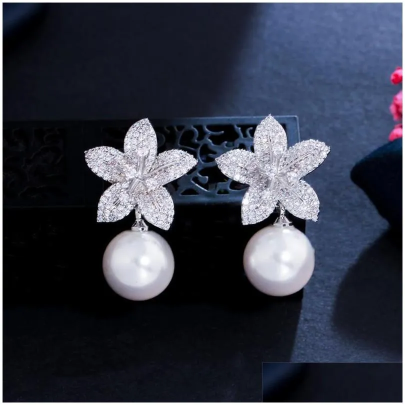 fashion imitation pearl flowers earrings charm jewelry bride wedding south american white aaa cubic zirconia copper 18k gold silver designer earring for women