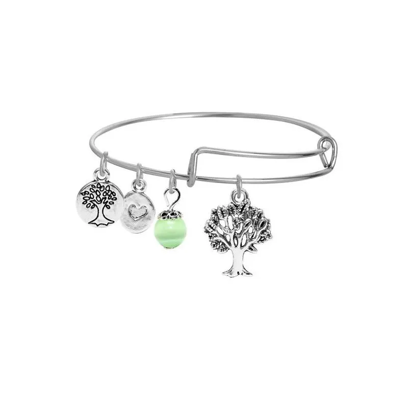 korea fashion diy tree of life wire bracelets for women and girls silver plated happy tree charms alloy bangles with green crystal