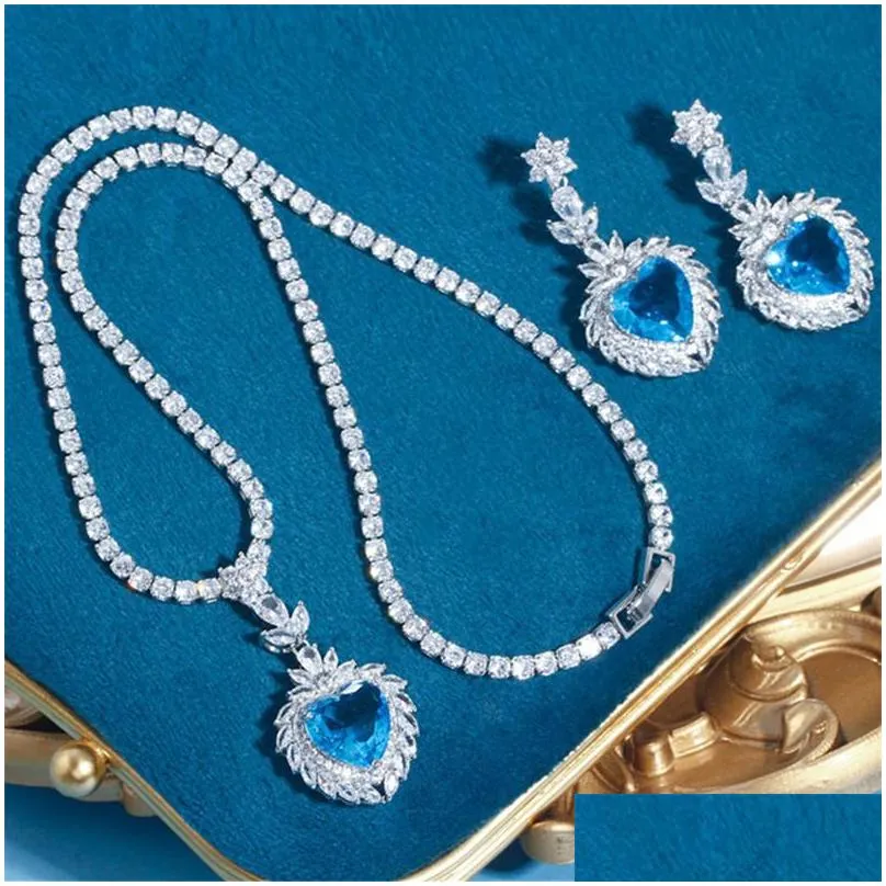 sparkling wedding designer jewelry set heart tennis necklace earring african jewelry sets blue green aaa zirconia woman diamond earrings necklaces dinner