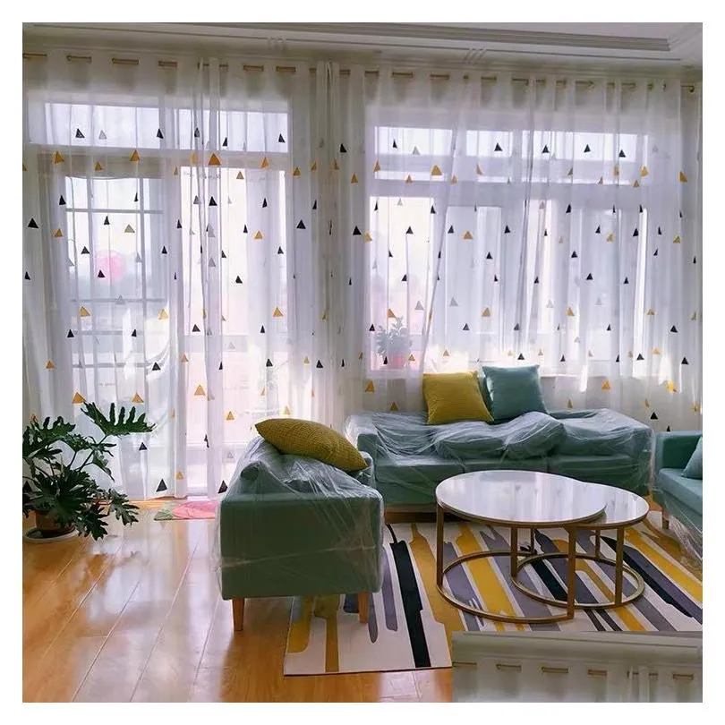 nordic triangle tulle curtains for childrens bedroom kids window drapes sheer modern geometric embroidery living room curtain 