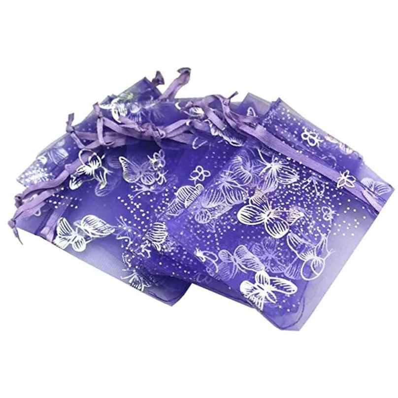 gift wrap 100pcs 10x12cm butterfly design organza transparent chiffon jewelry bags tulle fabric wedding bag