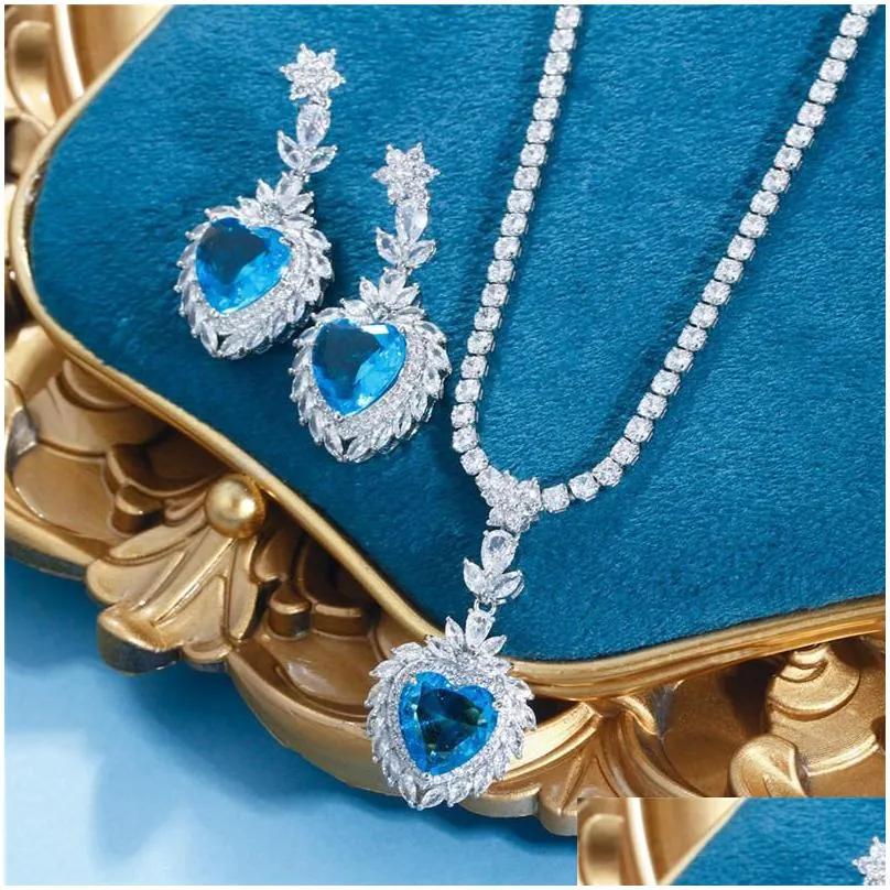 sparkling wedding designer jewelry set heart tennis necklace earring african jewelry sets blue green aaa zirconia woman diamond earrings necklaces dinner