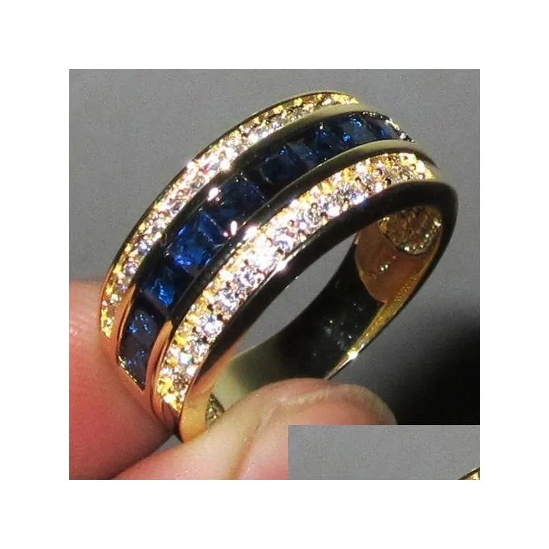 wedding rings luxury female blue crystal jewelry vintage yellow gold color ring bride geometry engagement for women