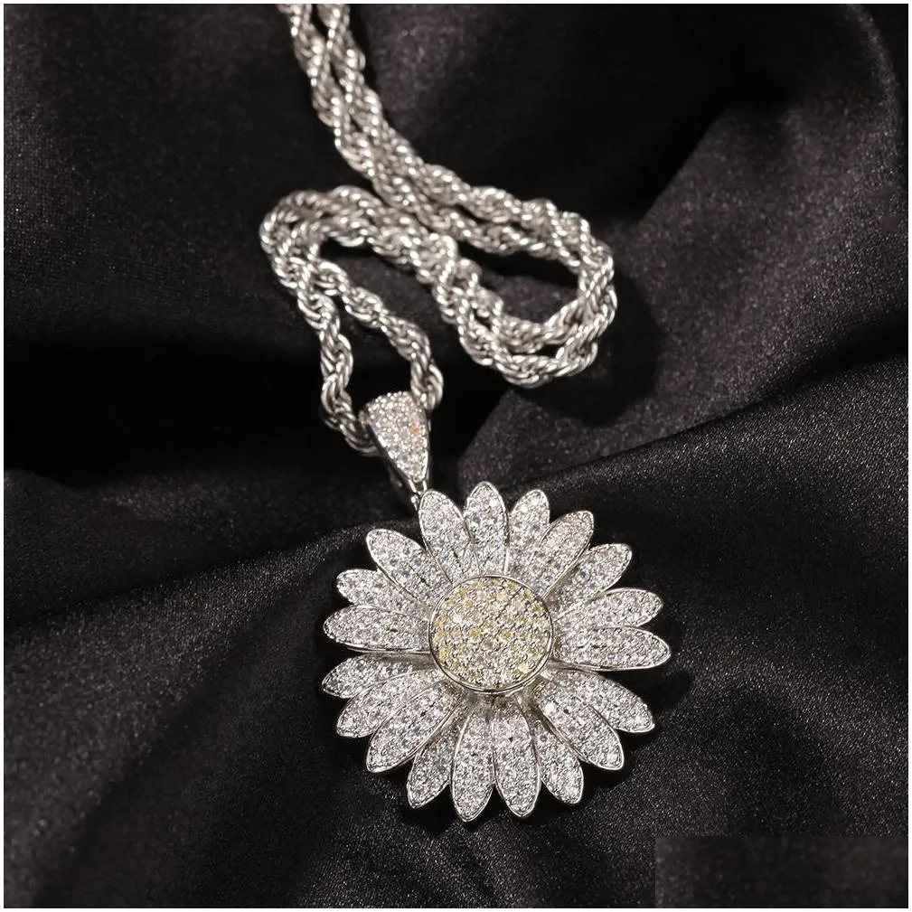 hip hop rotatable sunflower pendant necklace full bling zircon 18k real gold plated jewelry