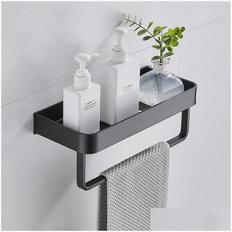 black aluminum towel shelf bathroom storage rack wallmounted tray vanity shower caddy spice organizer 30/40/50cm hooks rails