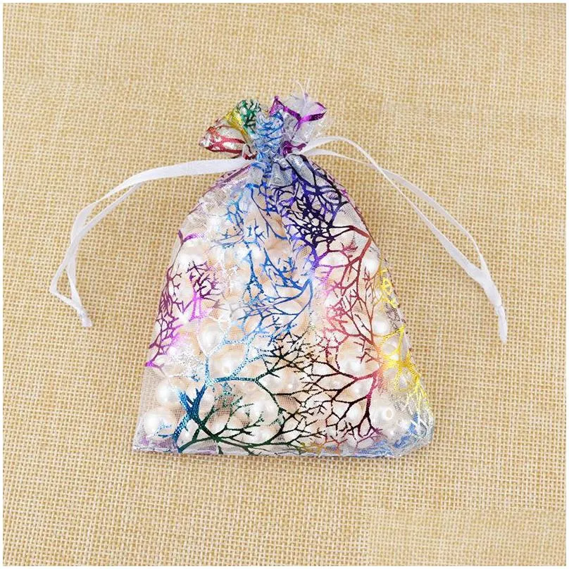 100pcs/lot 7x9cm transparent bronzing organza jewelry drawstring bag wedding favors party packaging pouch decoration favor holder gift