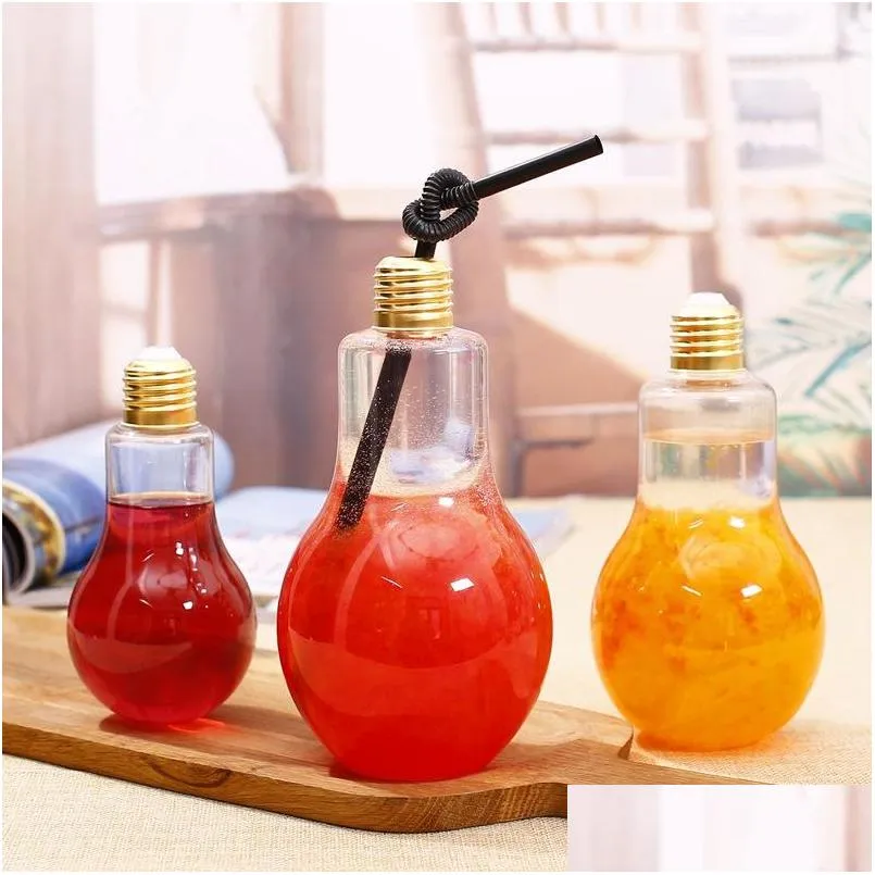 led light bulb water bottle plastic milk juice water bottle disposable leakproof drink cup with lid creative drinkware wholesale