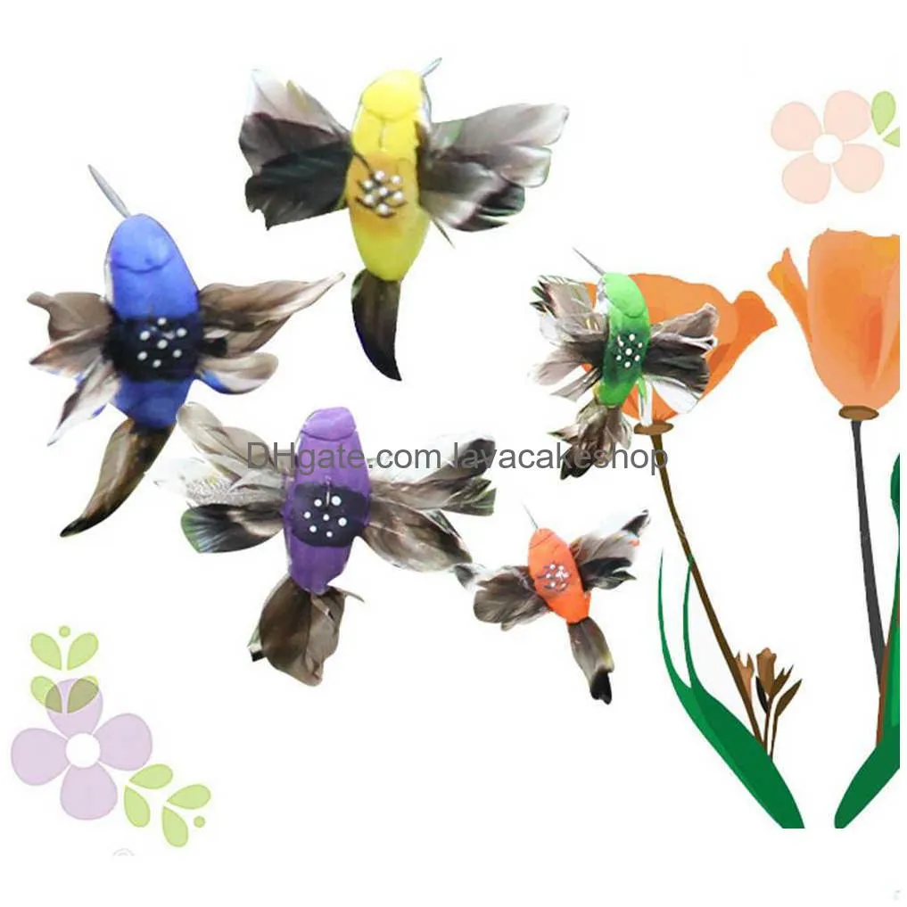 solar powered flying feather wing fake hummingbird flying wobble artificial bird yard garden ornament decor y0914