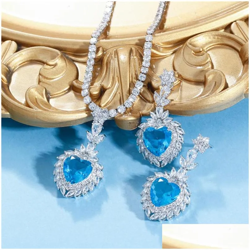 sparkling wedding designer jewelry set heart tennis necklace earring african jewelry sets blue green aaa zirconia woman diamond earrings necklaces dinner