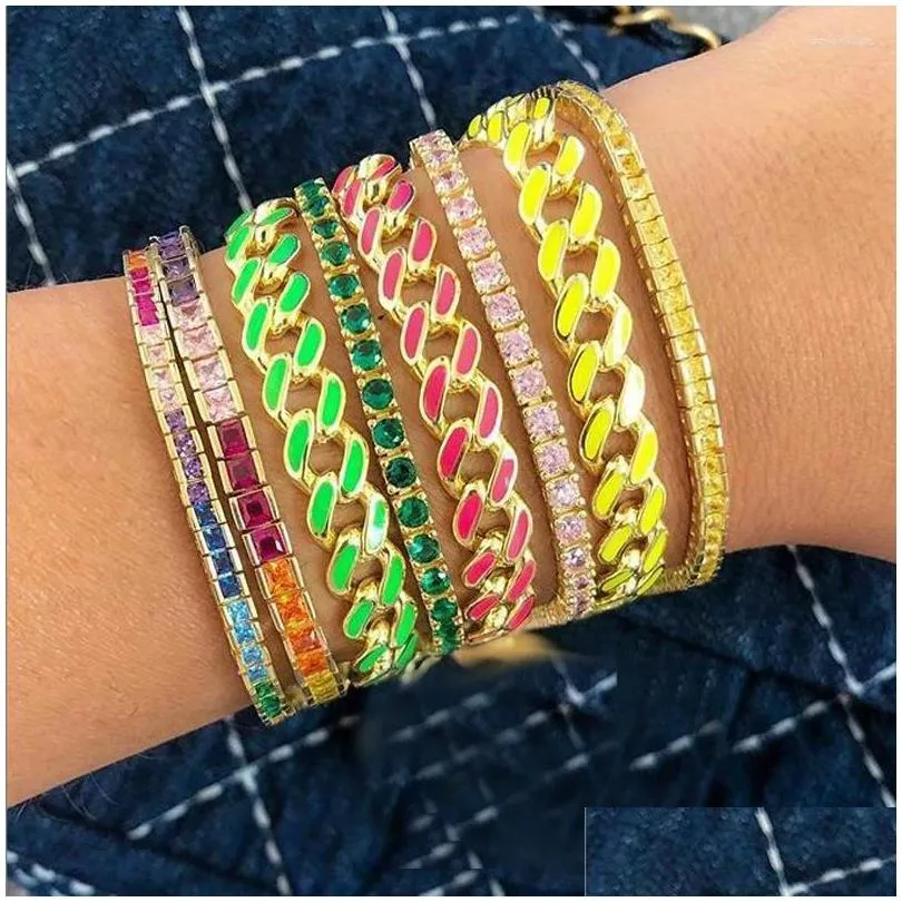 charm bracelets colorful rhinestonel miami enamel curb cuban bracelet women jewelry hip hop thick 8mm gold color link heavy