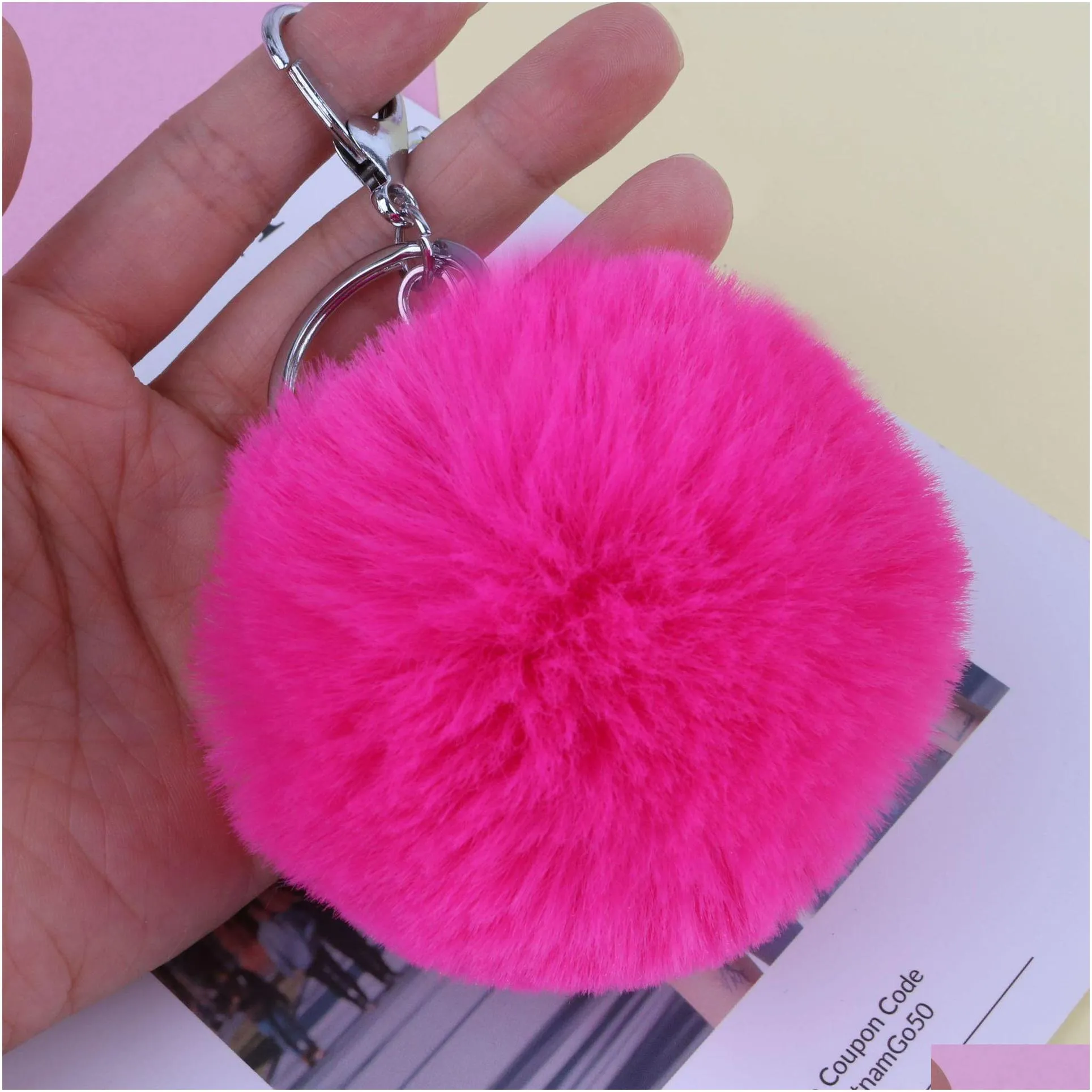 15 colors 8cm fluffy faux rabbit fur ball keychains women girls car school bag key ring cute pompom key chain jewelry accessories