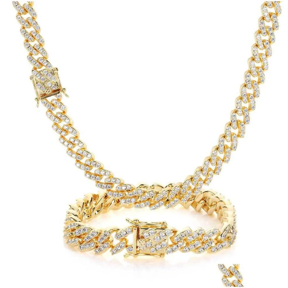 9mm hip hop cuban chain necklace bracelets jewelry set bling 18k real gold plated tennis chains