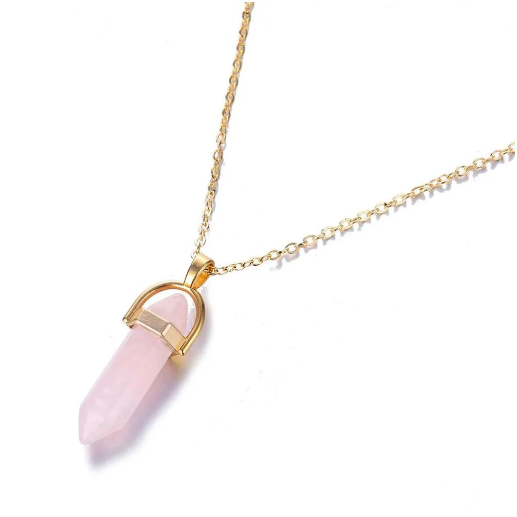 pendant necklaces fashion hexagonal column quartz pendants gold chain natural stone crystal necklace for women jewelry1