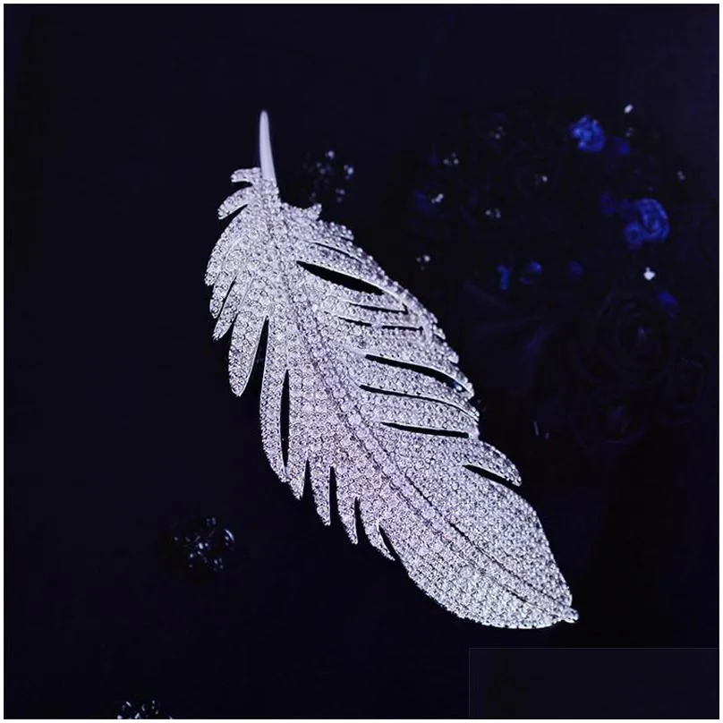 pins brooches white crystal large feather for women rhinestone wedding bouquet jewelry beautiful pins gift broche femme bijoux de lux