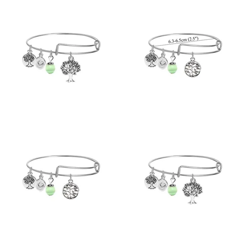 korea fashion diy tree of life wire bracelets for women and girls silver plated happy tree charms alloy bangles with green crystal