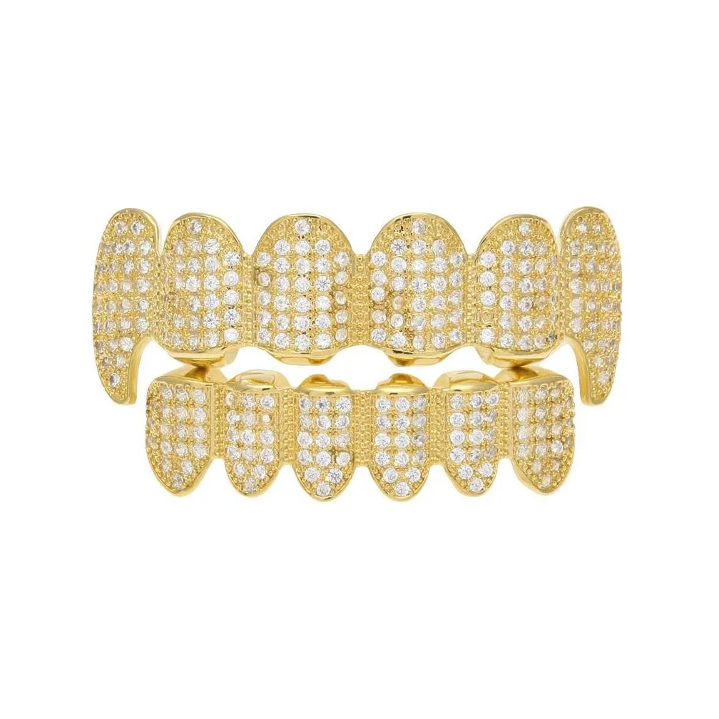 bling 6 teeth grills set gold silver plated cubic zirconia cz top bottom dental grills cap for women men hip hop body jewelry