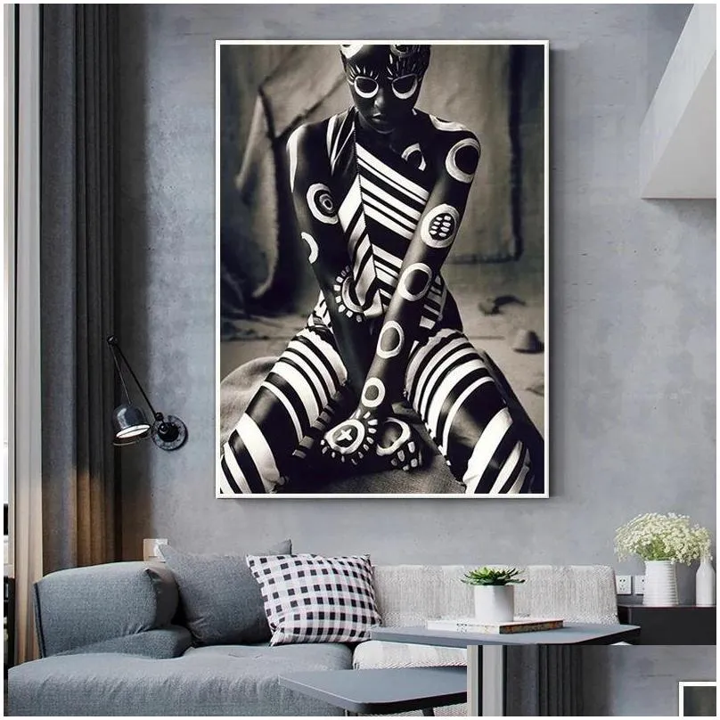 tattooed african woman canvas painting posters and prints unique figure wall art pictures for living room home decor unframed