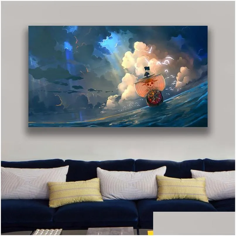 paintings thousand sunny ship anime manga poster framed wooden frame canvas wall art decoration prints dorm home bedroom decor