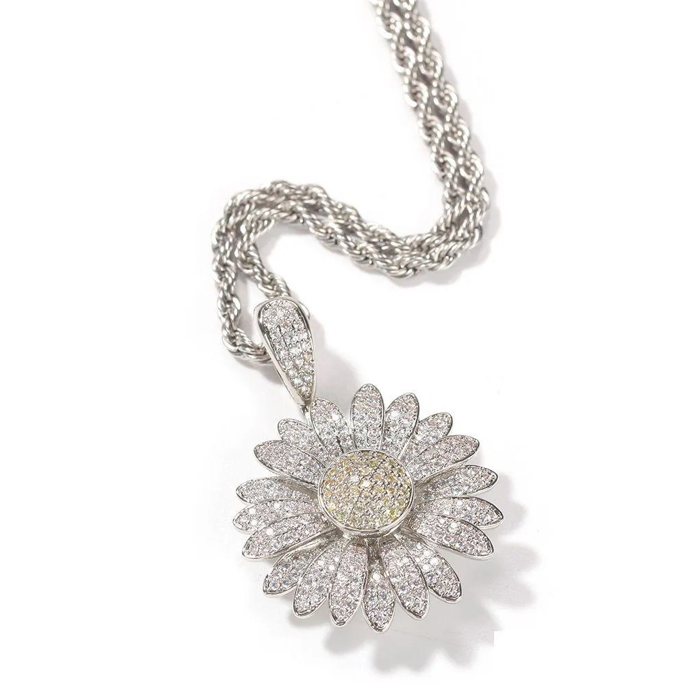 hip hop rotatable sunflower pendant necklace full bling zircon 18k real gold plated jewelry