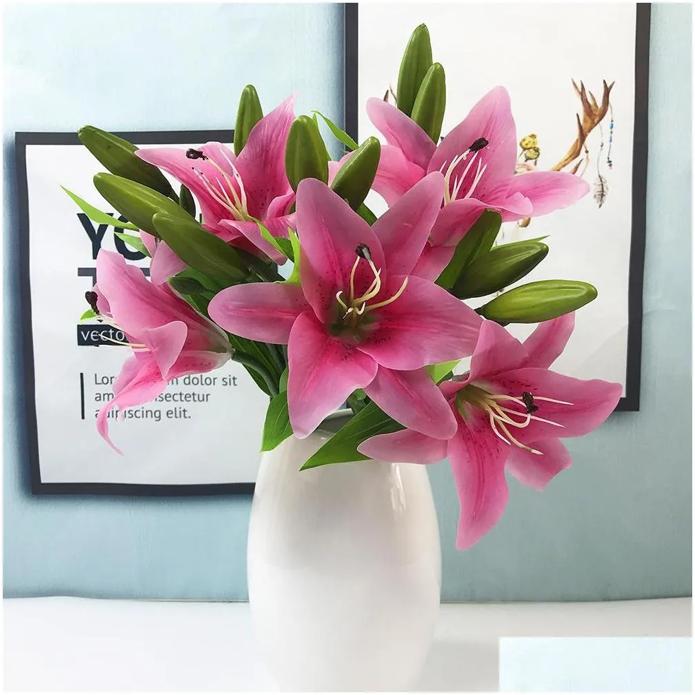 decorative flowers wreaths 5pc silicone artificial flower 3 heads lily bud with long rod bouquet for wedding home party el