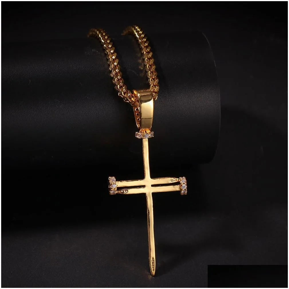 hip hop nail cross pendant necklace bling religious jewelry full cubic zirconia 18k real gold plated