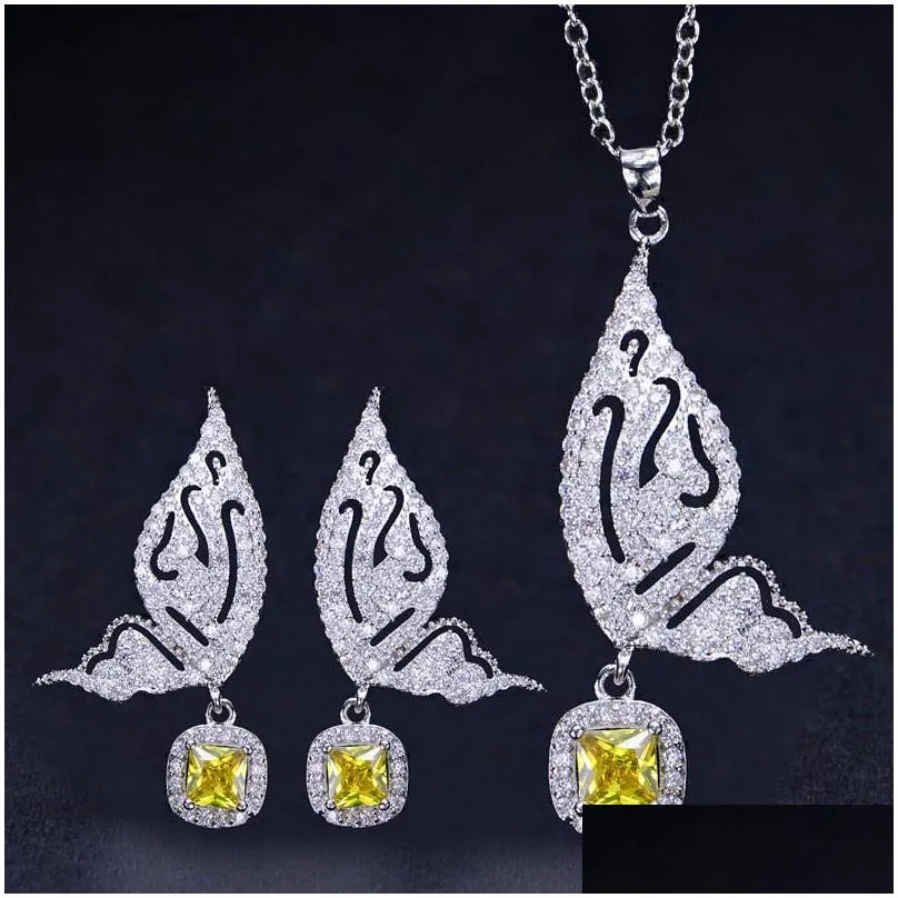 fashion wedding designer jewelry set butterfly necklace earring african jewelry sets yellow blue aaa cubic zirconia woman bridesmaid diamond earrings