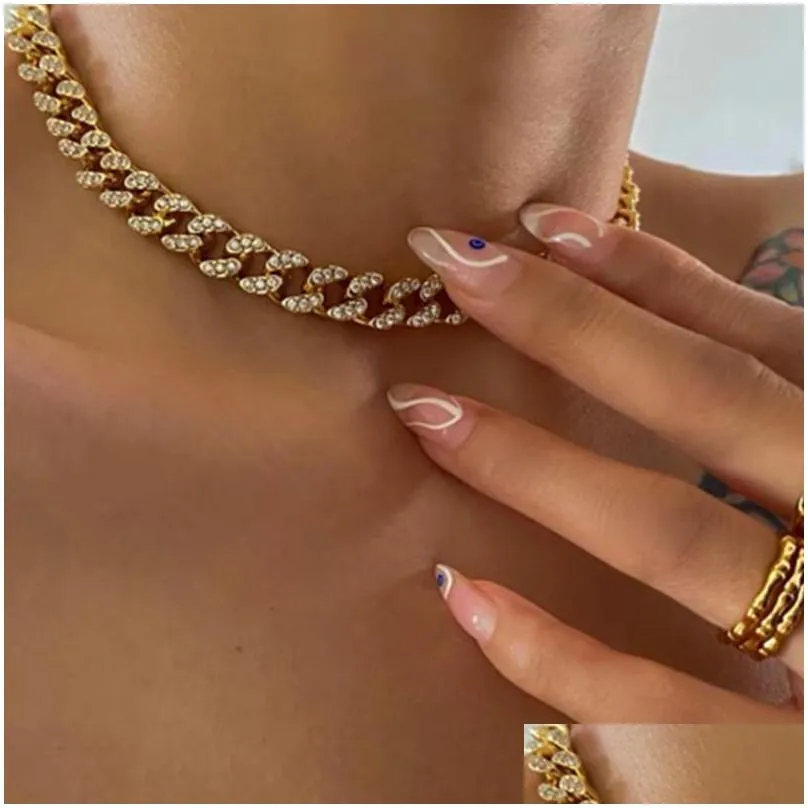 chains bling crystal cuban link chain choker necklaces for women men iced out hip hop rapper paved rhinestones necklace punk