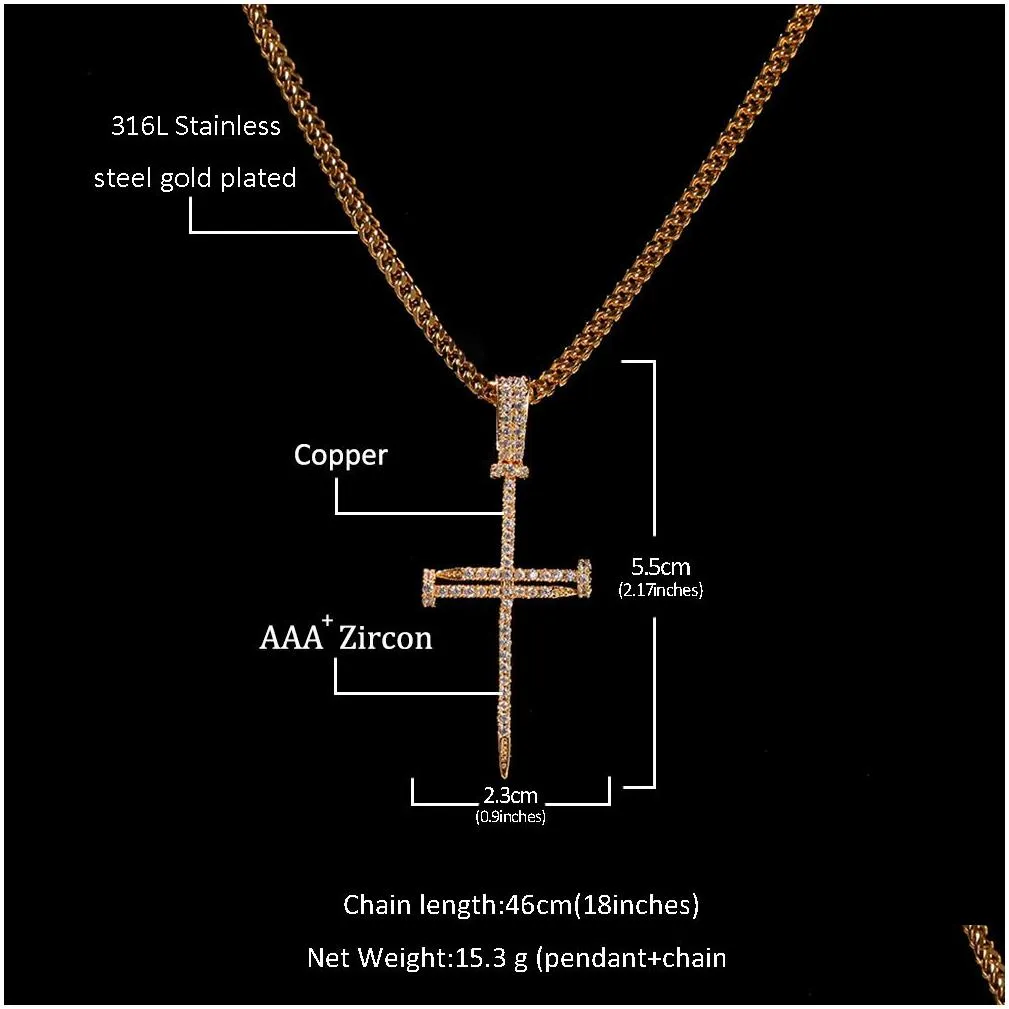 hip hop nail cross pendant necklace bling religious jewelry full cubic zirconia 18k real gold plated