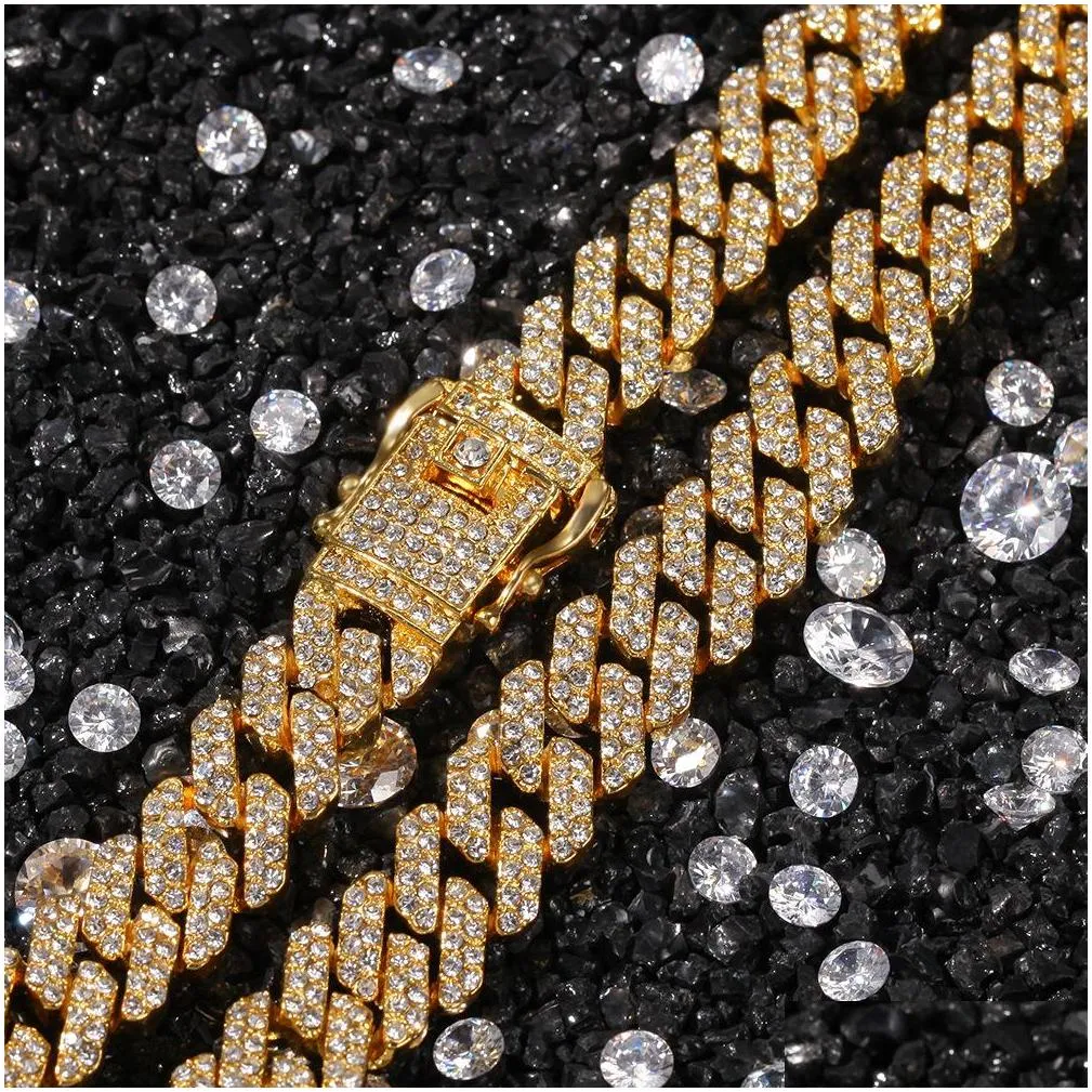 12mm  cuban link chain necklace bracelets set for mens bling hip hop iced out diamond gold silver rapper chains women luxury