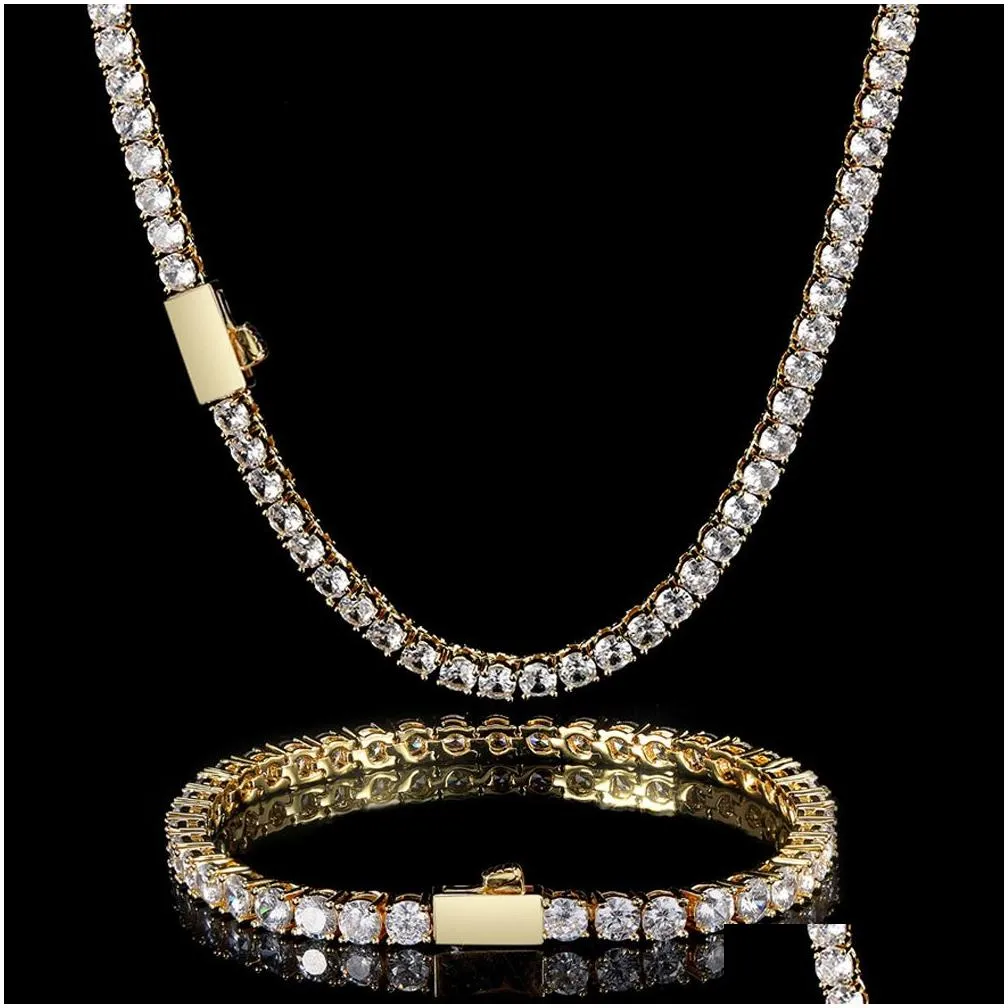 bling diamond stone tennis necklace bracelets for men 18k real gold plated graduated jewelry set jewelry