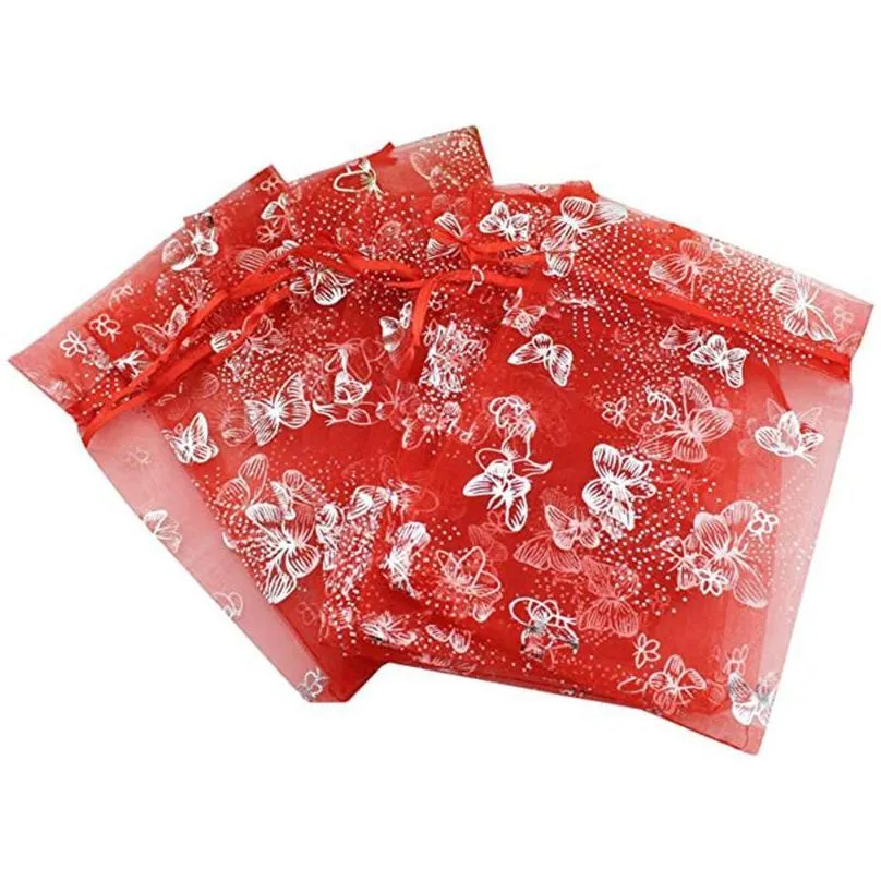 gift wrap 100pcs 10x12cm butterfly design organza transparent chiffon jewelry bags tulle fabric wedding bag