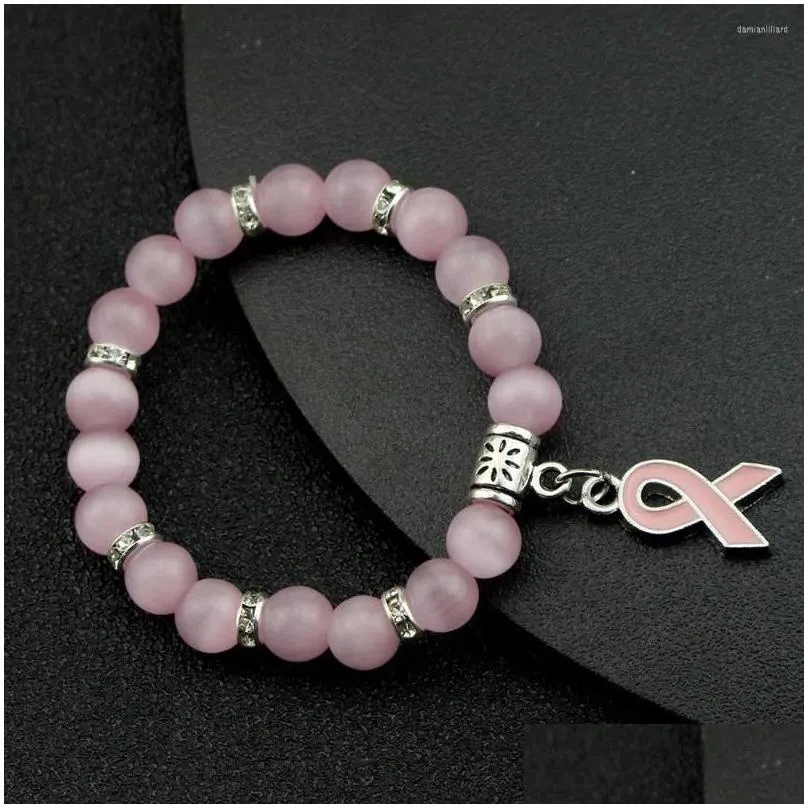 charm bracelets 2022 breast cancer awareness pink cat eye bead adjustable bracelet women october ribbon gift jewelry prl015 3pcs